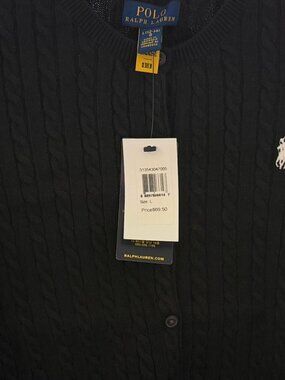 Ralph Lauren Black Cable Knit Cardigan Sweater | Logo | Size L (12–14) NWT